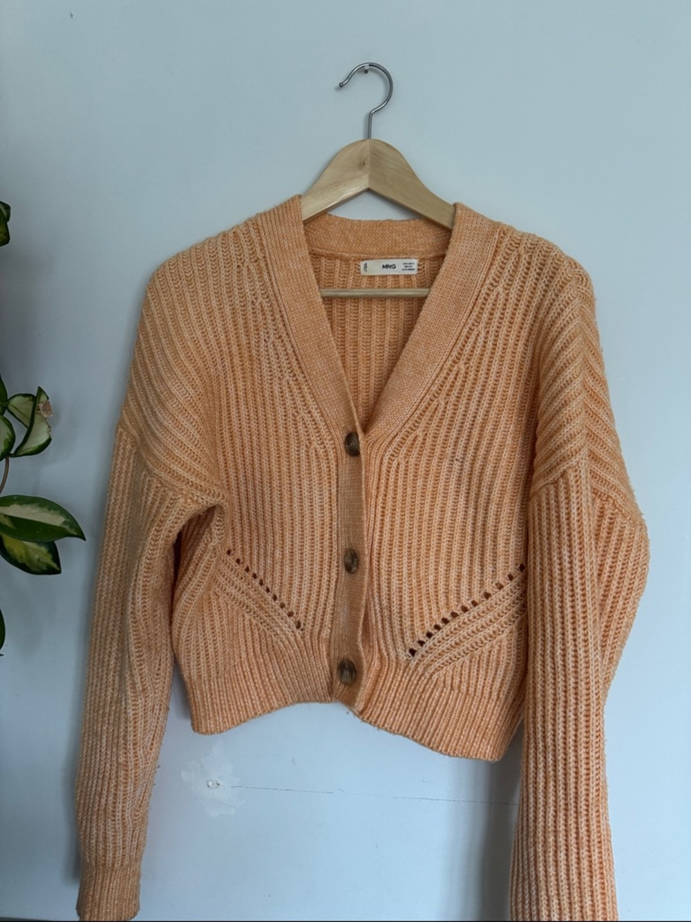 Mango Light Peach Ribbed Button-Front Cardigan